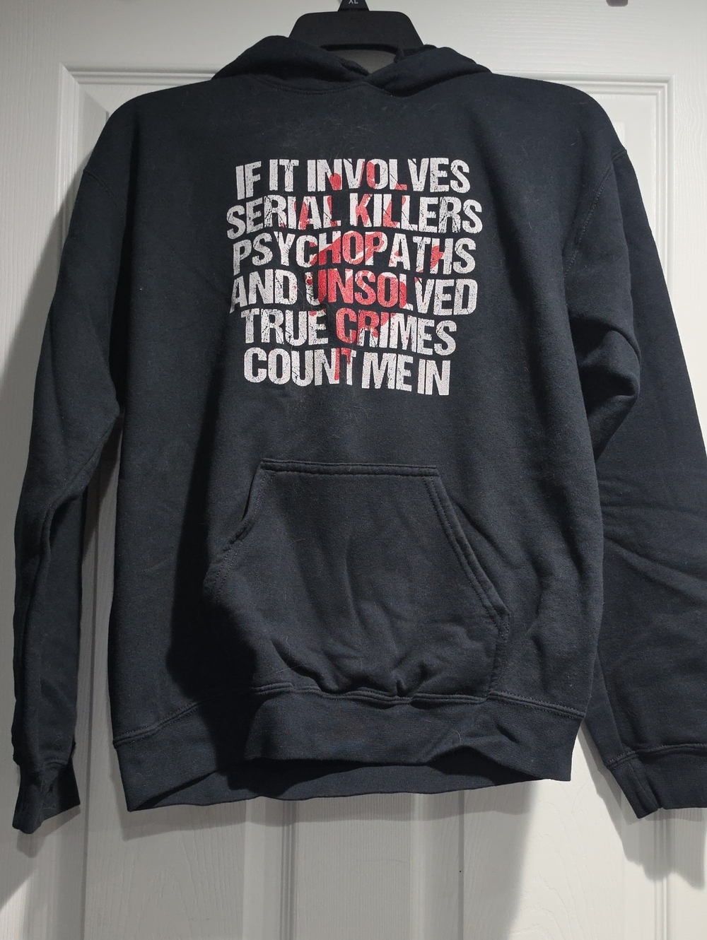 Gildan Black Pullover Hoodie with White & Red True Crime Text